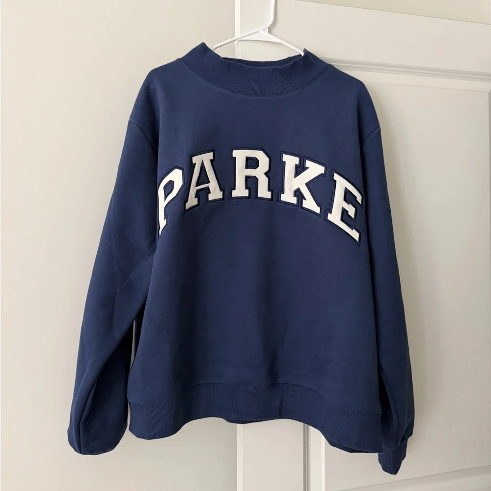 Parke Varsity Mockneck Sweatshirt Denim + White NWT - Picture 2 of 9